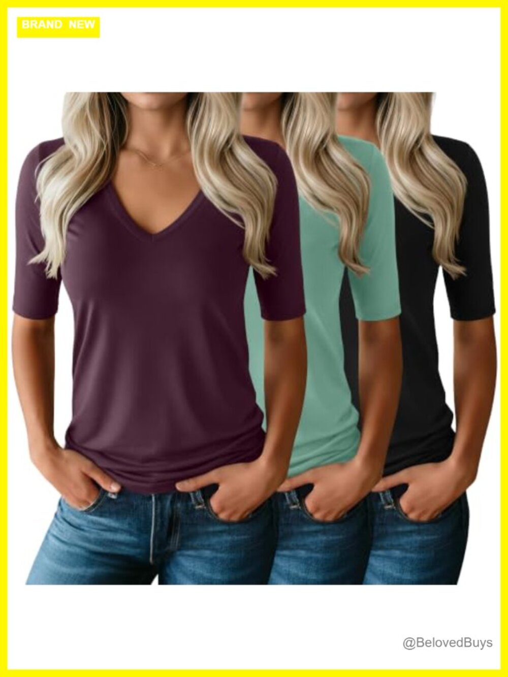 Women V Neck Half Sleeve T-Shirts Slim Fit Cotton Blend 3 Pack